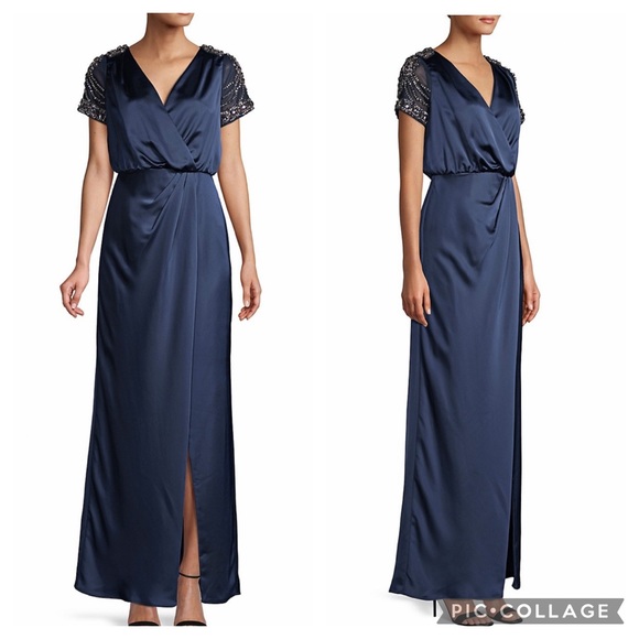 Aidan Mattox embellished short sleeve satin long gown - Picture 5 of 12